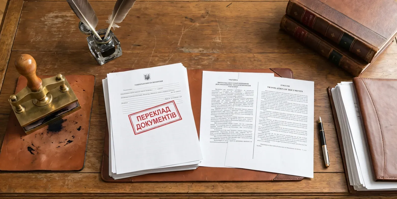 Стіл з документами, перекладами, печаткою та класичними юридичними книгами
